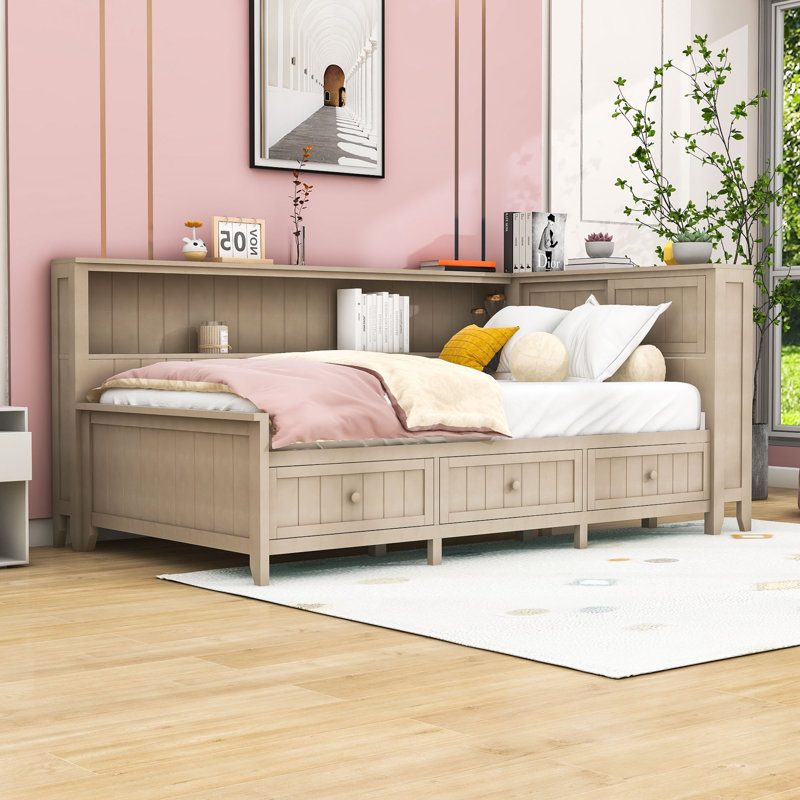 3 Drawers Wood Daybed with Shelves, Twin