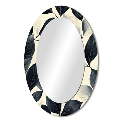 Black Beige Leaves Gentle Breeze I - Large Oval Wall Mirror On Metal