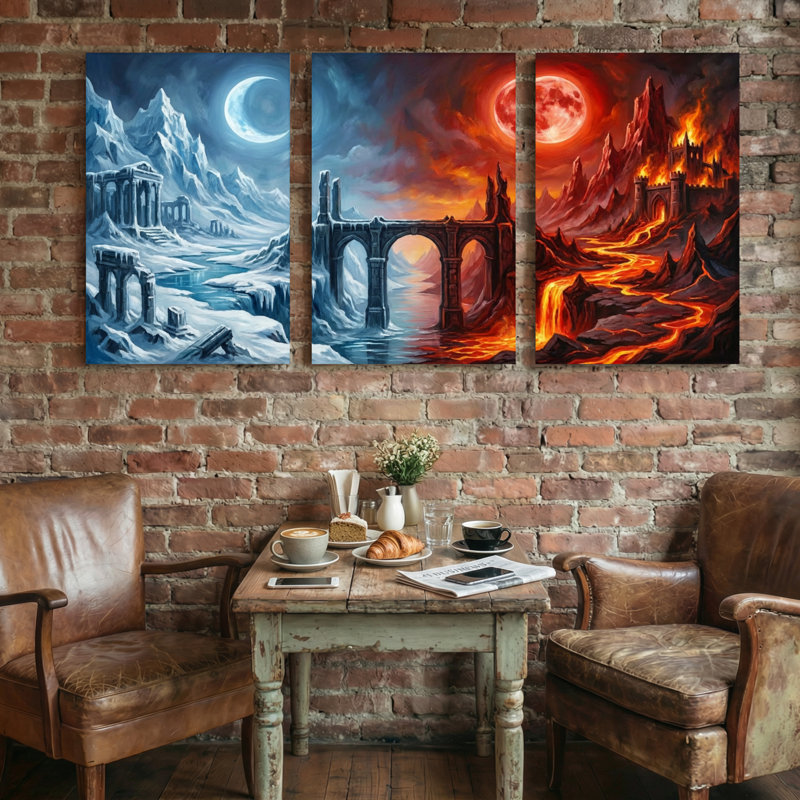 Paysage, nature, glace, lune, ruines, pont, feu, château, H 18 po x l 36 po