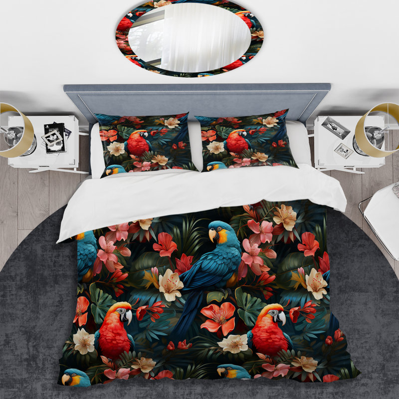 Ensemble de housse de couette Tropical Sunset Colors Parrots II, Housse de couette pour très grand lit et 2 très