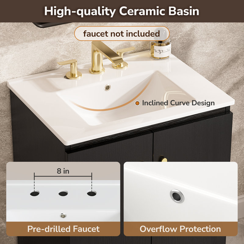 24" Single Bathroom Vanity with Ceramic Sink, Free-standing Vanity with Storage Cabinet, Black