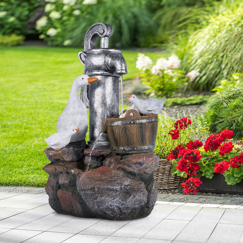 23.62"H Resin LED Fountain With Gooses Statue