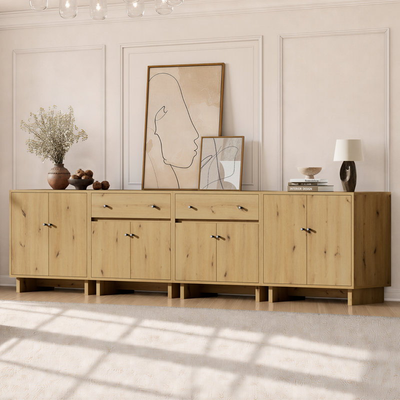 Ensemble de rangement modulaire Almaguer 4 pièces avec 2 tiroirs, 8 portes, tablettes réglables et fini chêne naturel.