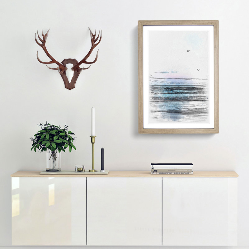 Seagulls Flying High - Single Picture Frame Painting on MDF, Oak Framed, 33cm H x 24cm W x 2cm D