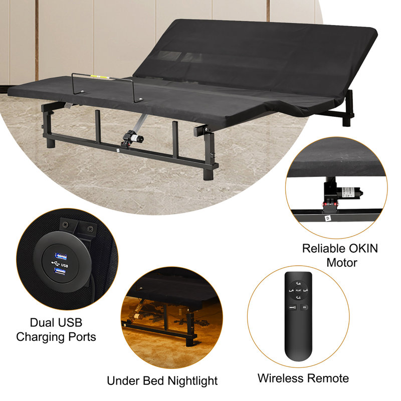 Adjustable Bed Base Frame Head And Foot Incline Quiet Motor Zero Gravity, 4 Ports USB, Under-Bed Nightlight, Queen