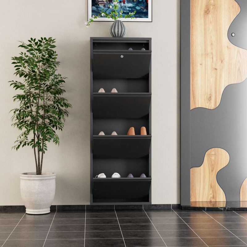 Modern Shoe Cabinet, 100% Metal, Anthracite Color, 19.7 x 53.5 x 5.9 inches | Thickness: 0.03 inches | Wall-Mountable Design with Centrally Opening Doors & Magnetic Holders | Perfect for Stylish Entryways & Small Spaces