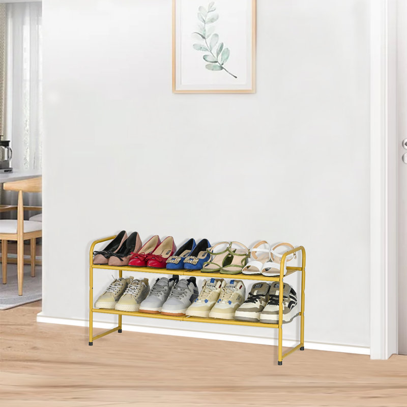 32'' Wide 2-Tier Metal Mesh Shoe Rack for Closet, Stackable and Adjustable, Good for High Heels, Gold