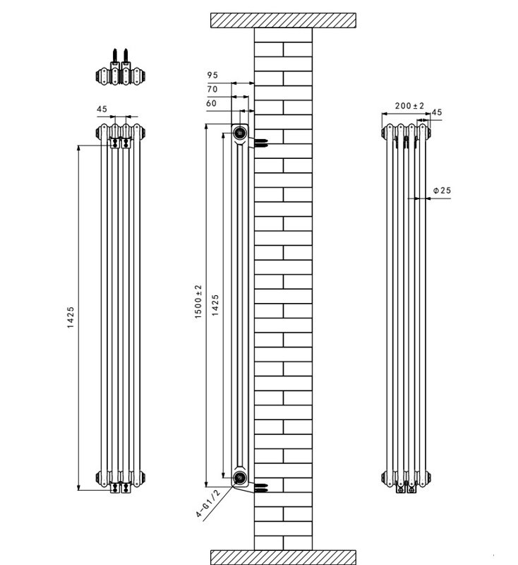 Brunner Vertical Traditional Column Radiator, 1500mm H x200mm W x 70mm D