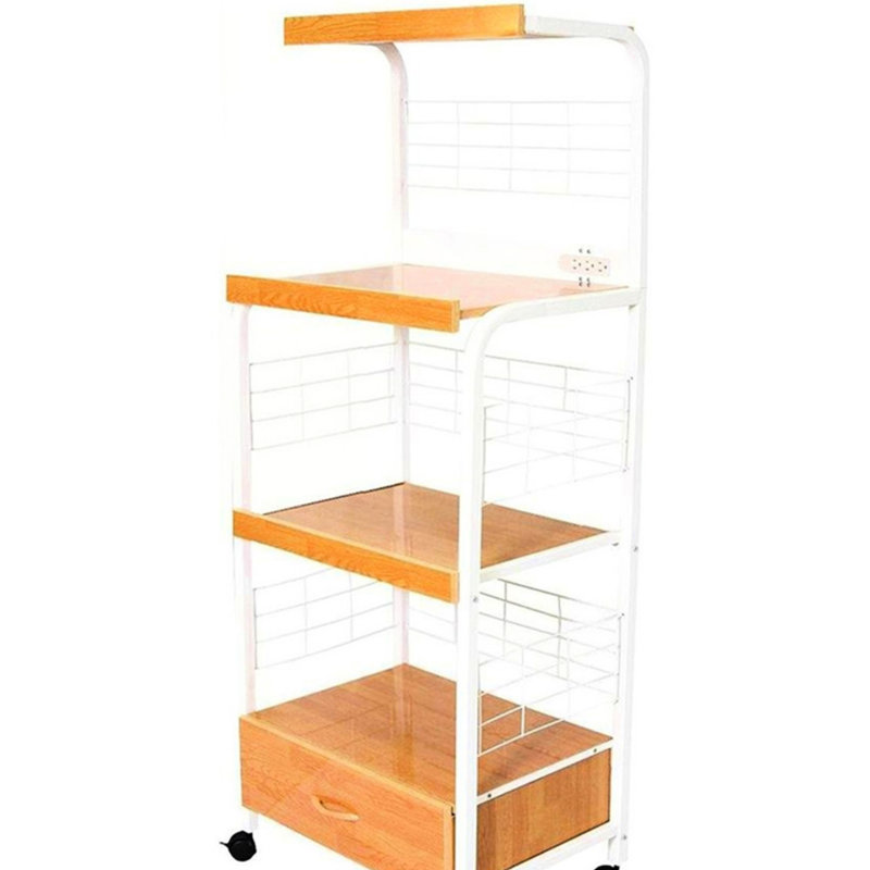 Étagère de cuisine à 3 micro-ondes avec tiroir et boîtier de prises électriques, hauteur 59,5 po. Mélange de couleurs blanc naturel. Fabrication en métal ferme. Tablettes en bois comprimé. Capacité de charge de 70 lb par chariot