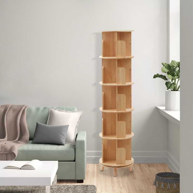 Shanae 5 Tiers 360° Rotating Solid Pine Wood Bookcase Book Storage Shelf 110 lbs Capacity