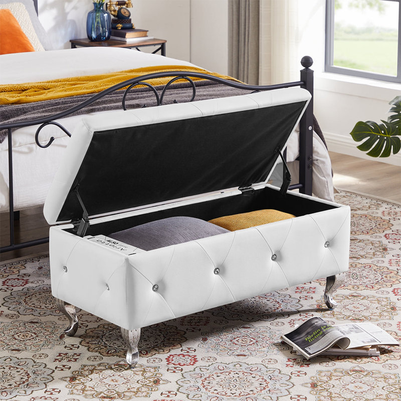 Banc de rangement rembourré Juilianna, Simili cuir blanc