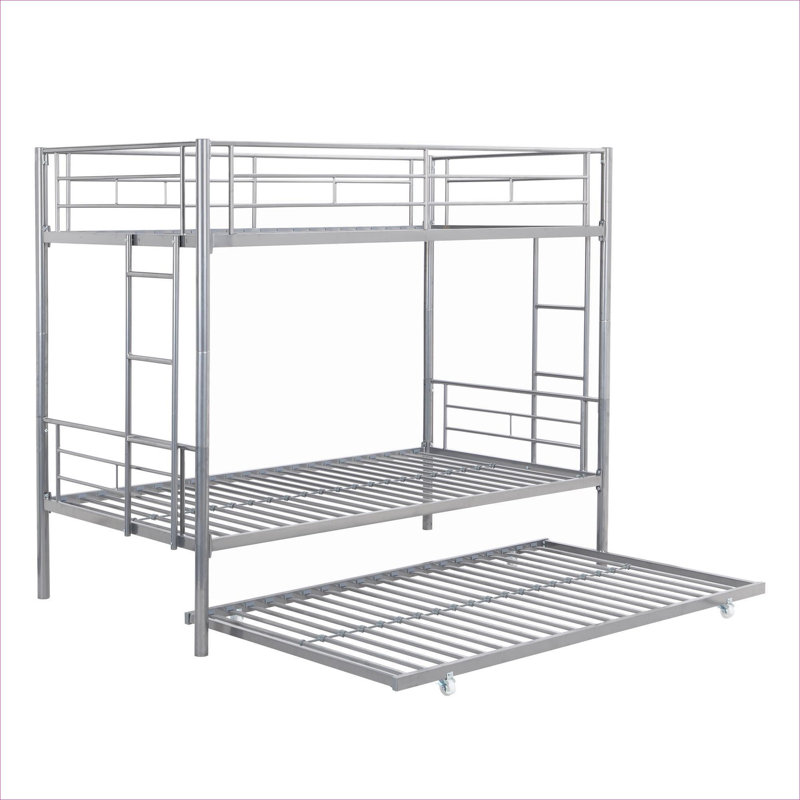 Lit superposé en métal robuste avec lit gigogne pour petite chambre résidentielle argentée compacte et peu encombrante