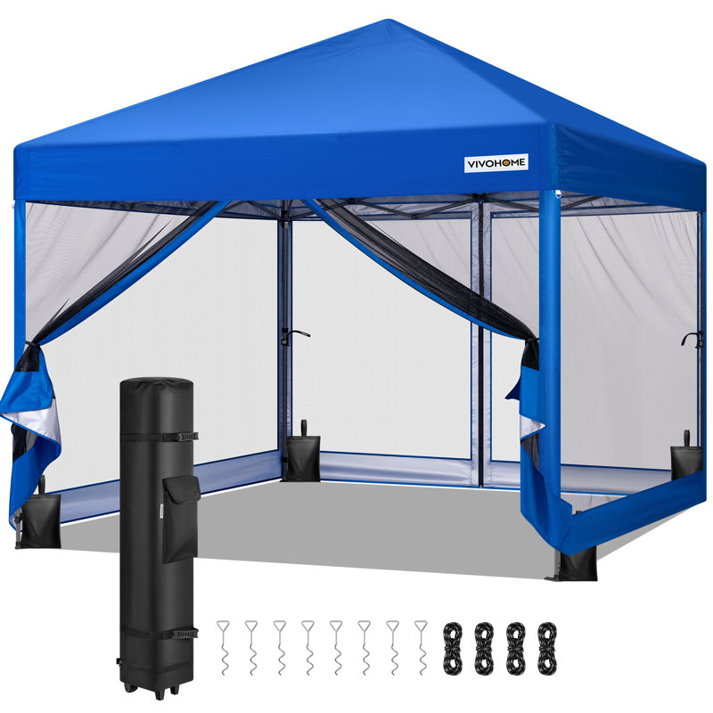 Tente d'extérieur escamotable en acier avec moustiquaire, 10 pi. L 10 pi. D, Bleu