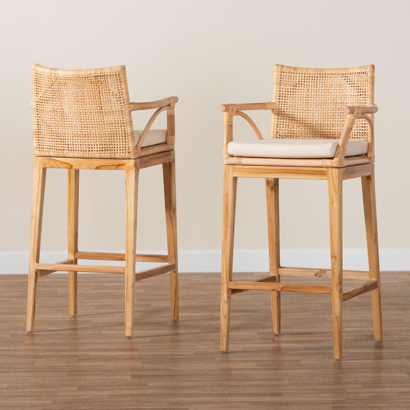 Birkley bali & pari Storsel Bohemian Natural Rattan and Teak Wood 2-Piece Bar Stool Set, Bar Stool (29.6" Seat Height)