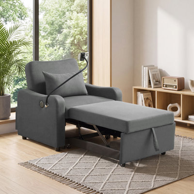 35" Convertible Chaise Lounge Chair, 3-in-1 Pull Out Sleeper Chair Bed with Adjustable Backrest, Phone Holder, USB