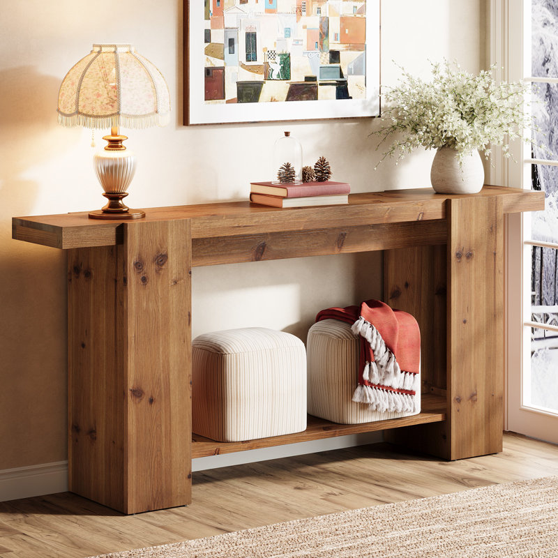 Console rectangulaire en bois massif de 63 pouces de long avec tablettes de rangement à 2 niveaux