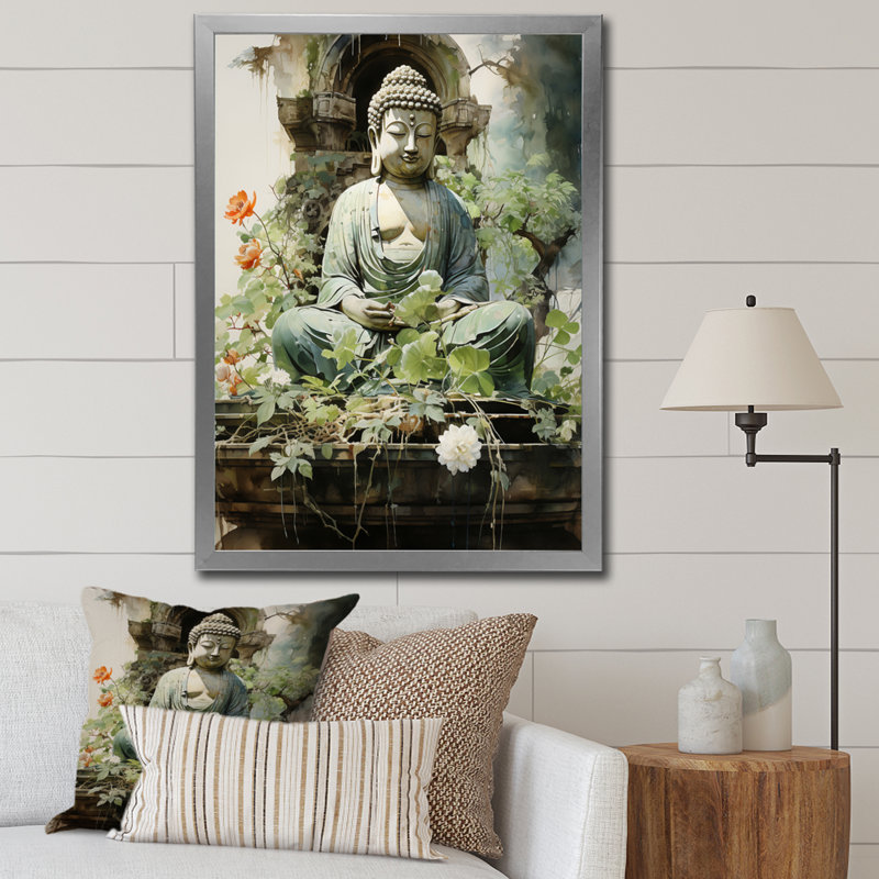 Art bouddhiste vert, art bouddhas sur toile, Cadre photo argenté, L 16 po x H 32 po