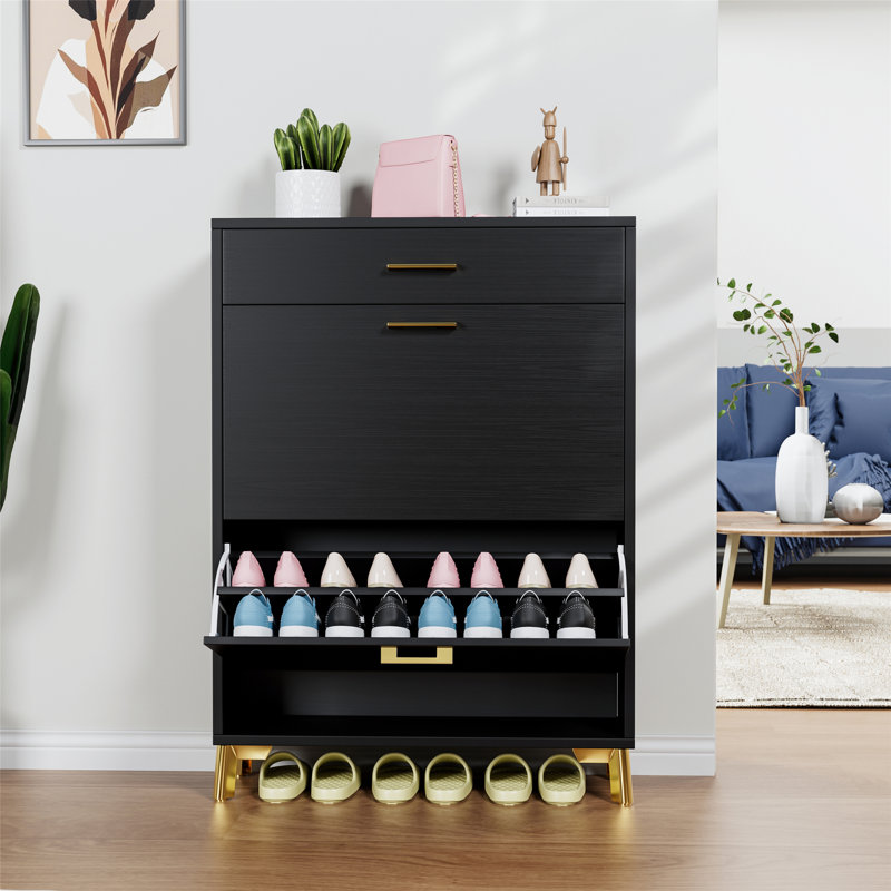 Shoe Storage Cabinet For Entryway, Free Standing Shoe Organizer With 2 Flip Drawers, Black