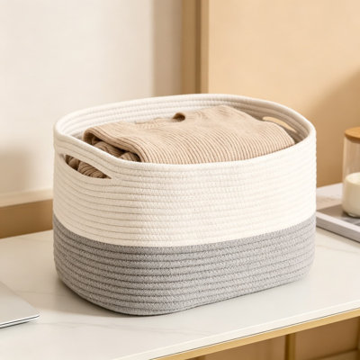 Panier de rangement en corde de coton tissé, bac de rangement pliable pour la maison, la chambre de bébé et le bureau, solution de rangement décorative polyvalente avec poignées