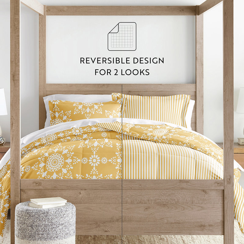 Yellow and White Reversible Microfiber Twin Bedspread Set