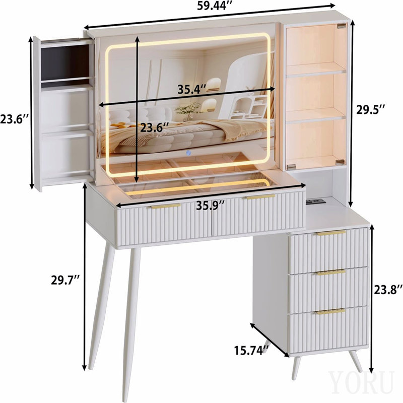 Bureau de coiffeuse avec miroir et lumières, coiffeuse de maquillage avec plateau en verre, coiffeuse avec tiroirs, table de maquillage pour femme (plateau en verre blanc)