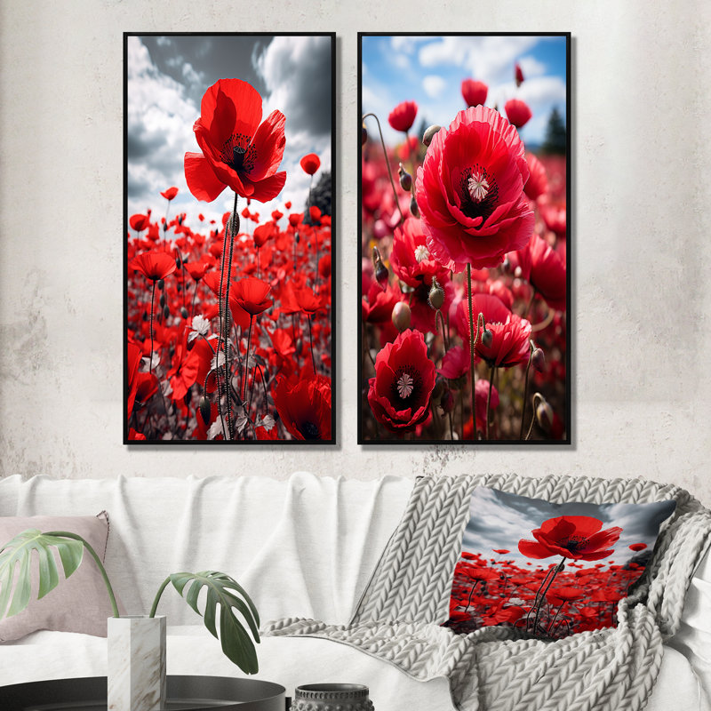 Symphonie écarlate «Flower Field» - 2 pièces, Cadre noir, H 20 po x l 24 po
