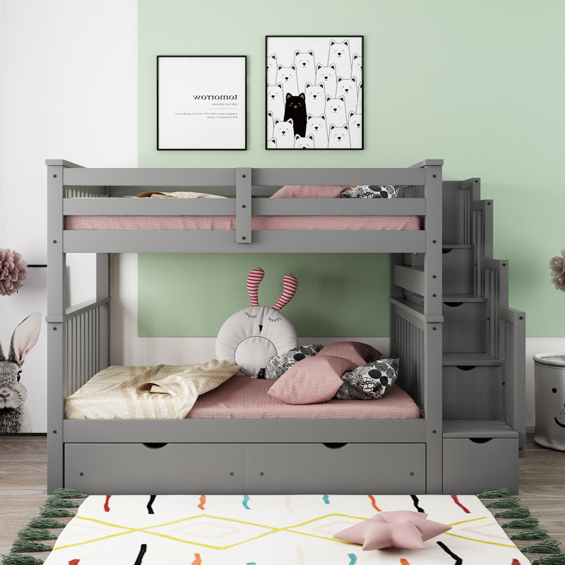 Girlie Full Over Full Bunk Bed with Shelves and Storage Drawers, Gray
