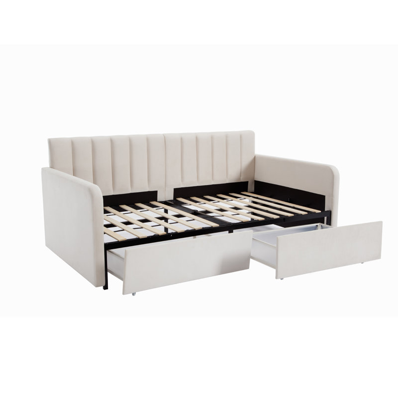 Keyten Upholstered Daybed with Storage Drawers, Ivory Velvet