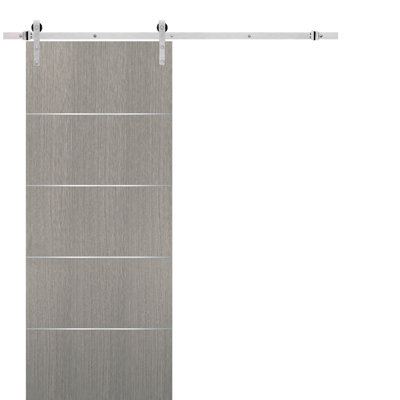 Porte coulissante de style grange avec quincaillerie en acier inoxydable, 2 m (6,6 pi), supports de rail en chêne gris Planum 0020, ensemble robuste argenté, portes intérieures modernes à panneaux pleins - 91,4 cm x 213,4 cm (36 po x 84 po) - Rail argenté