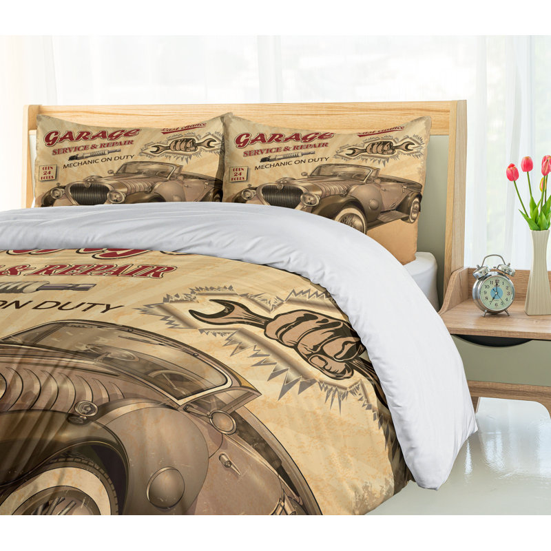 Twin Vintage Car Print Polyester Duvet Cover Set