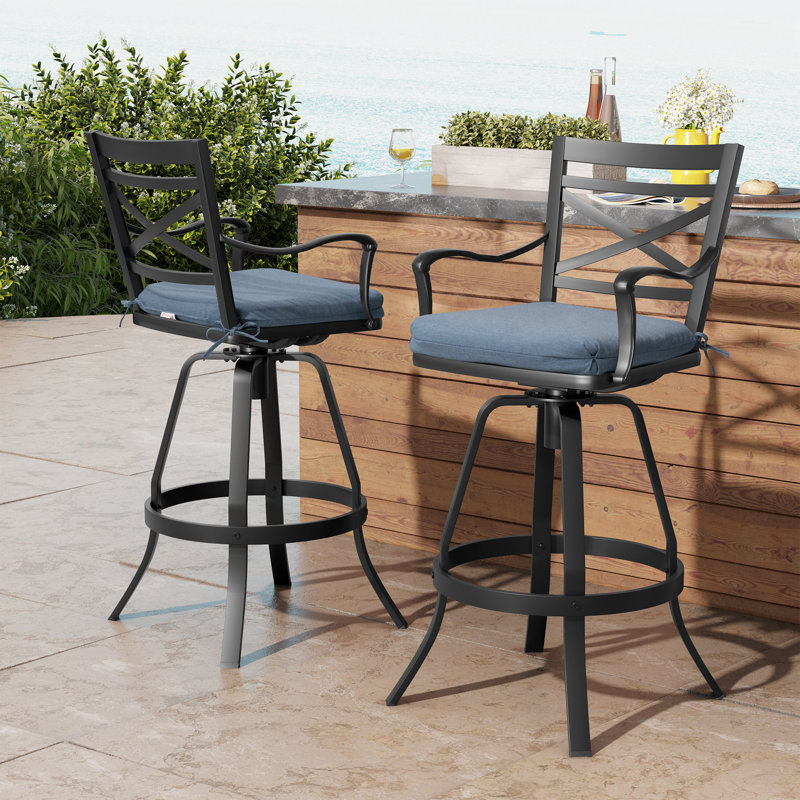 Tabouret de bar pivotant en aluminium coulé 29,92 po avec coussin Sunbrella Arhant, Spectre denim