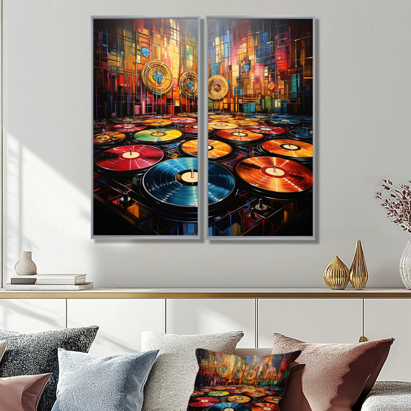 Vinyle Disque Rythme Résonance II - Décoration murale moderne 2 panneaux, 32" H x 32" W, Impression encadrée flottante