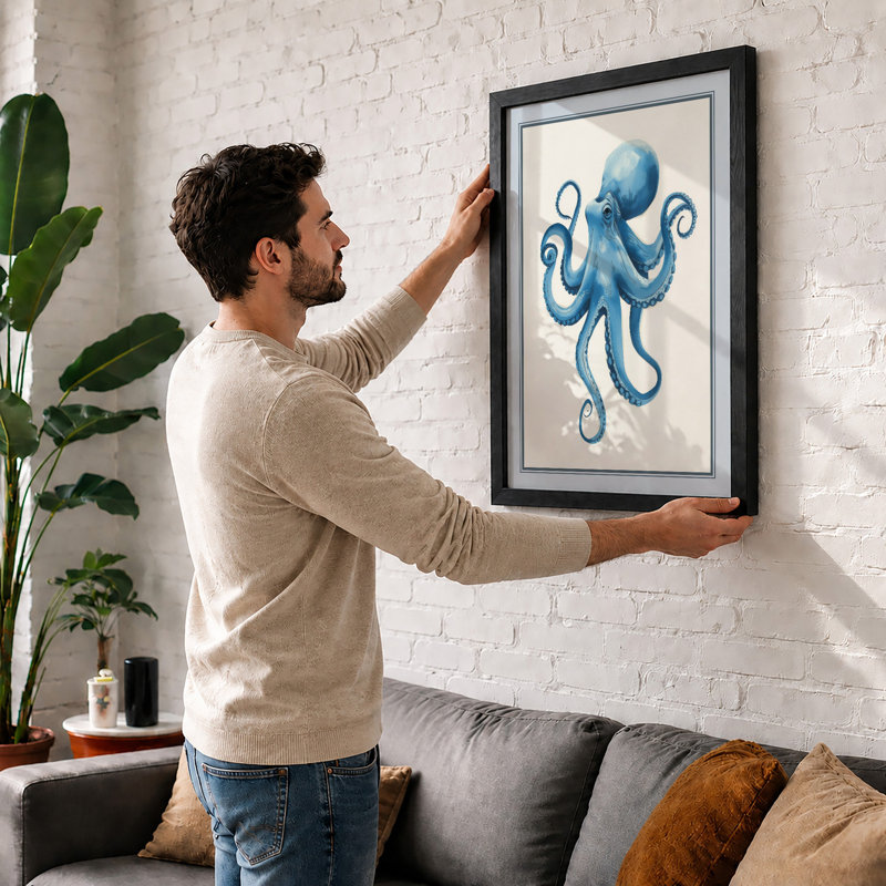 Blue Octopus Modern - Framed Print, A1 - 84.1 x 59.4 cm, Oak