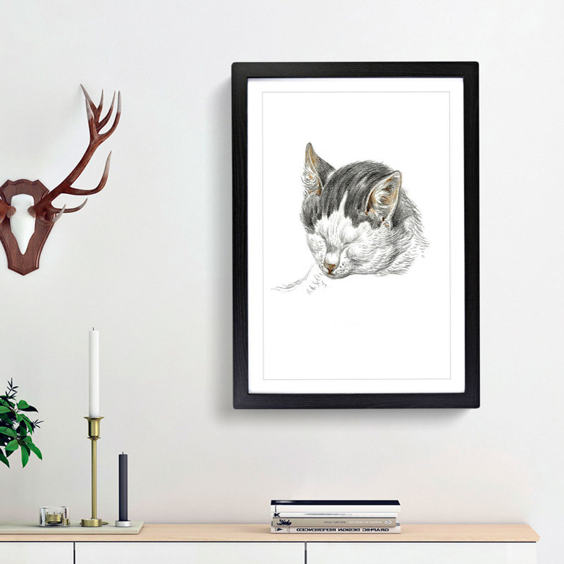 A Sketch of a Cat by Jean Bernard - Framed Print, 63cm H x 45cm W x 2cm D, Black Framed