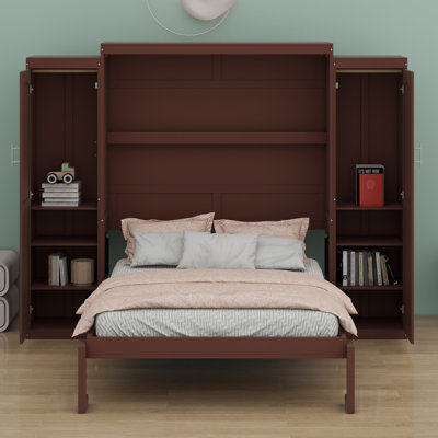 Wooden Multifunctional Foldable Platform Bed With Wardrobe And Storage Shelf