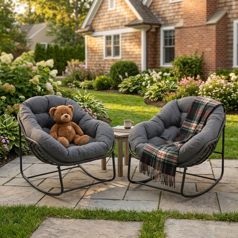  Chaise berçante d'extérieur Papasan avec coussin moelleux, chaise berçante en osier pour balcon / porche / jardin, structure en rotin renforcé toutes saisons, support de 330 lb