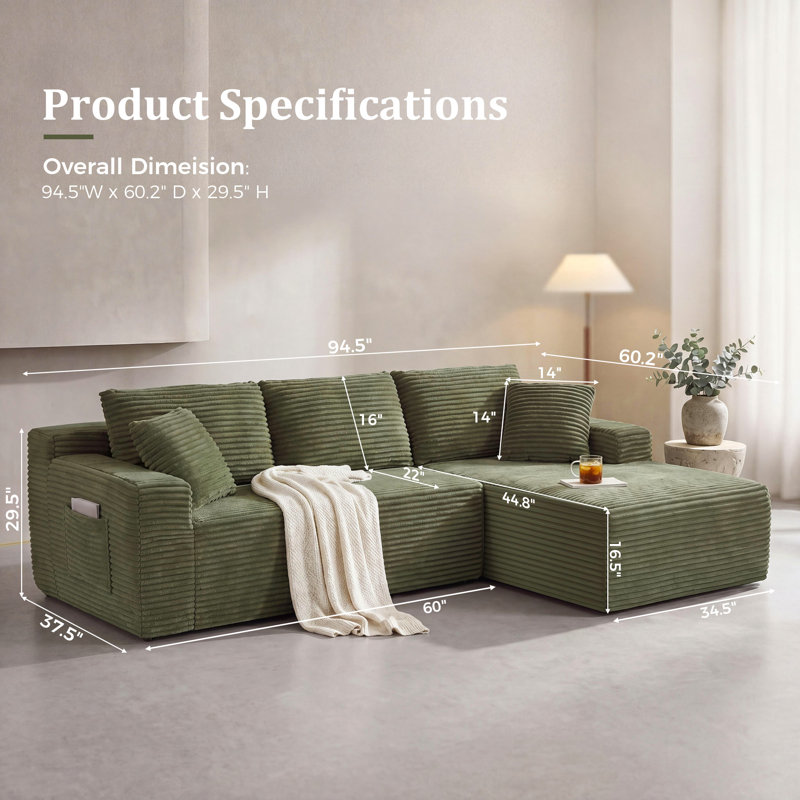 Canapé modulaire en velours côtelé de 94,5 po de largeur avec méridienne en L, siège profond, sans assemblage requis, vert