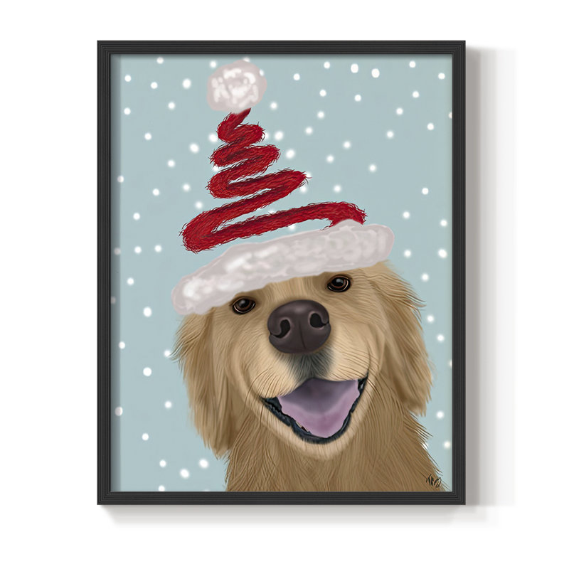 «Christmas Golden Retriever and Spring Santa Hat», reproduction encadrée - bois massif, H 11 po x l 9 po