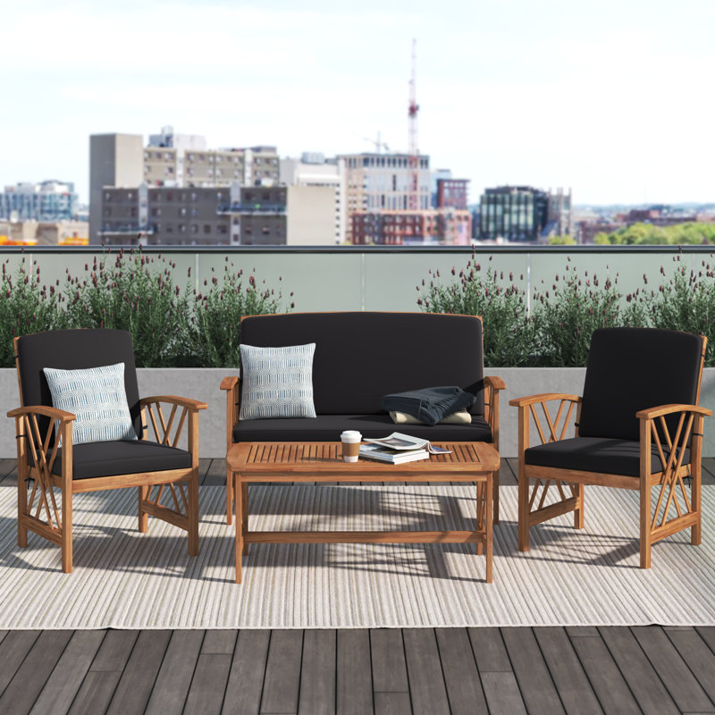 Calhoun Acacia 4 - Person Patio Conversation Set with Cushions, Natural Frame/Black Cushion