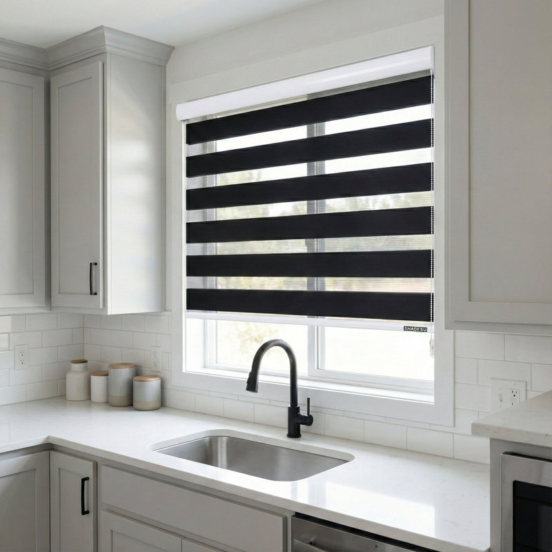 Store zébré Shadesu pour fenêtres, l 62 po x H 72 po, noir, abat-jour zébré à double couche sans contrôle, contrôle de la lumière pour le jour et la nuit, stores transparents pour fenêtres d'intérieur, chambre à coucher, cuisine