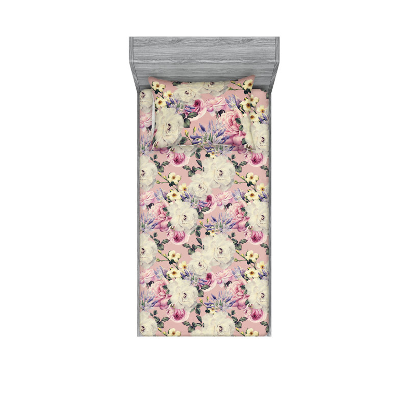 Drap-housse et taies décoratives 3 pièces Ambesonne, Ivoire / motif floral rose pastel