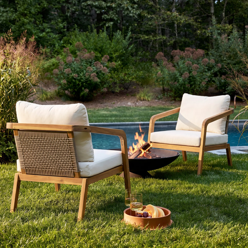 Kanso Modern Minimalist Acacia Wood Outdoor Club Chair with PE Wicker Backrest & Cushions, 2