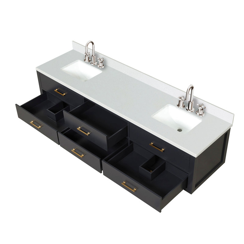 Meuble-lavabo double 84 po X P 22 po D, plateau en quartz blanc et ensemble de robinet, Noir, Doré, 84"