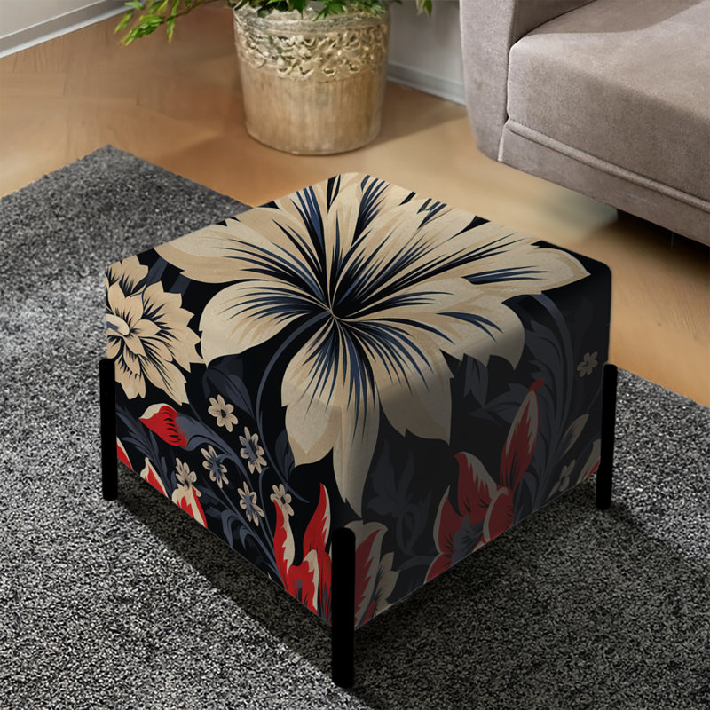Red And Beige Ethnographic Damask Floral Motif - Damask Square Ottoman