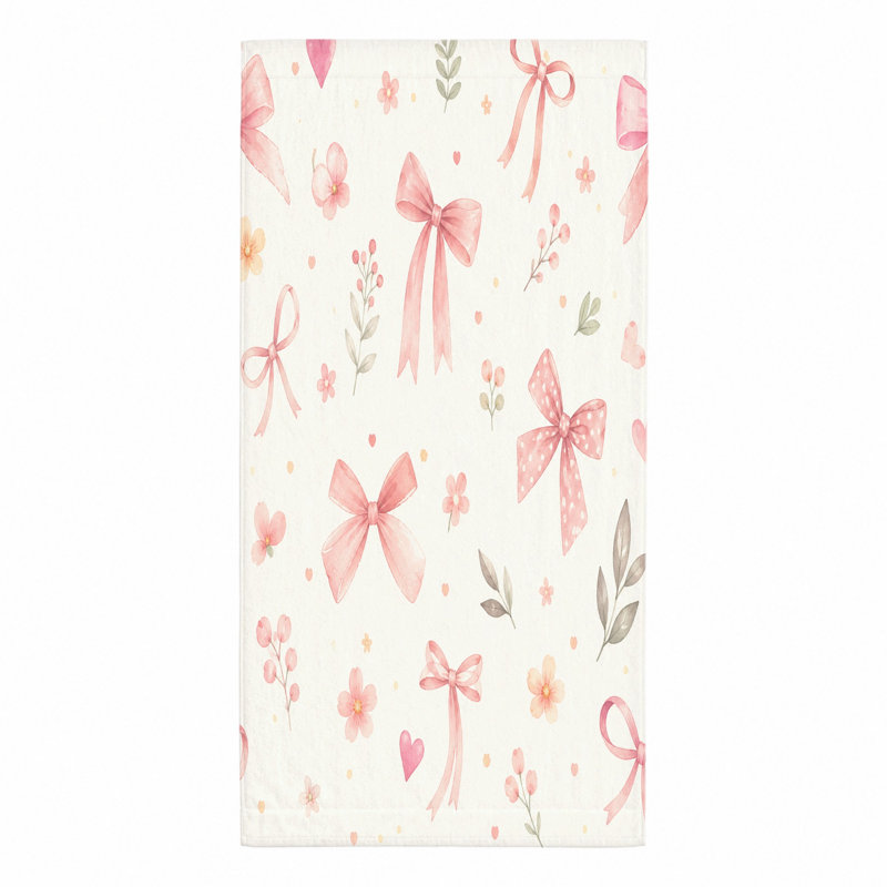1Pcs cute pink bows and floral pattern beach towel, featuring charming watercolor illustrations of ribbons blossoms. Soft microfiber, ideal for trips, swimming, travel, suitable girls.