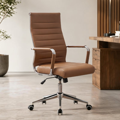 Mid Back Office Desk Chair, Conference Room Chairs with Wheels, Executive Leather Swivel Ribbed Height Adjustable  Rolling Chair.