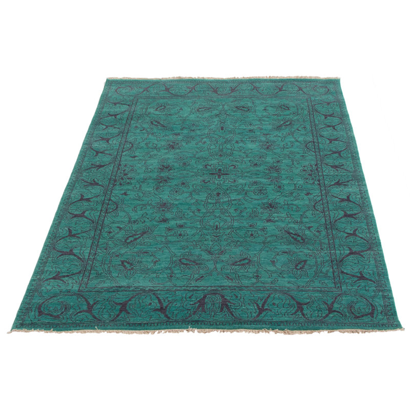 Tapis bleu sarcelle noué à la main de conception unique 5 pi 6 po x 7 pi 10 po Joceleen