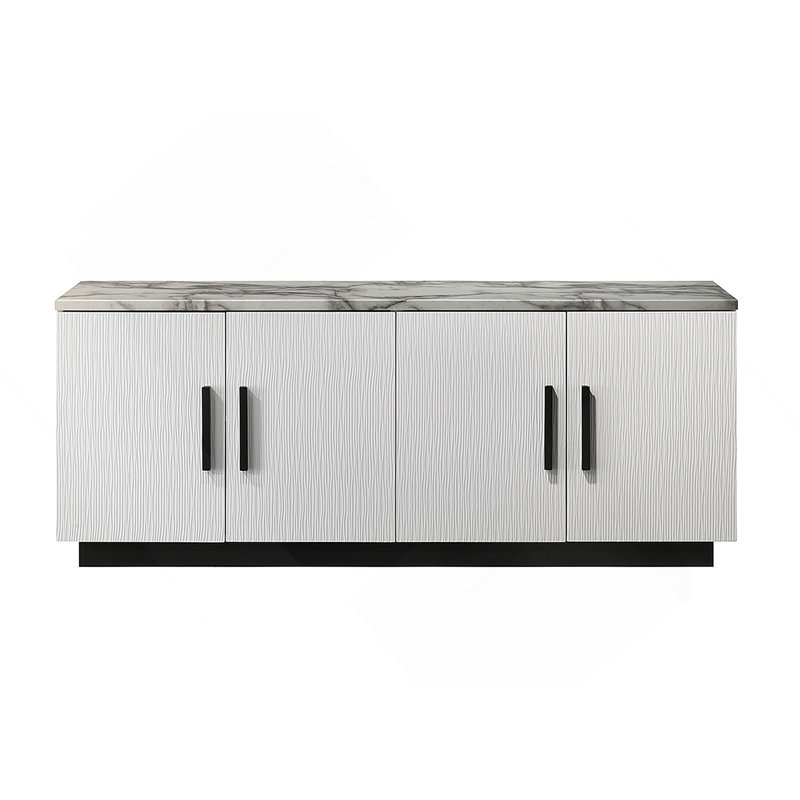 Grande console blanche de 63 pouces de large avec plateau en faux marbre Reine pour un intérieur moderne et élégant