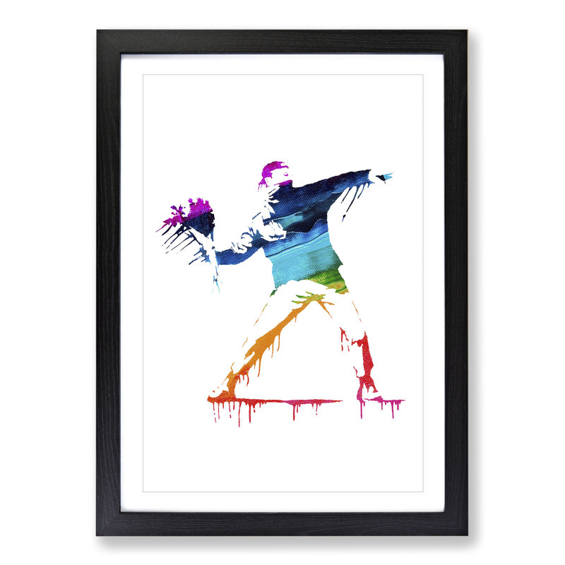 Banksy Flower Thrower - Framed Print, 90cm H x 65cm W x 2cm D, Black