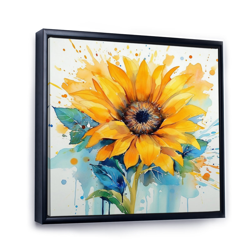 Jaune, bleu, doré, tournesols III, H 24 po x l 24 po x P 1 po, Cadre flottant noir